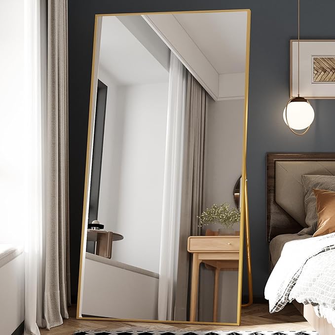 Beauty4U 76" x 37" Full Length Mirror with Stand, Gold Floor & Wall Mounted Mirror, Large HD Tempered Glass Full Body Mirror for Bedroom, Dressing Room, Living Room, Entryway