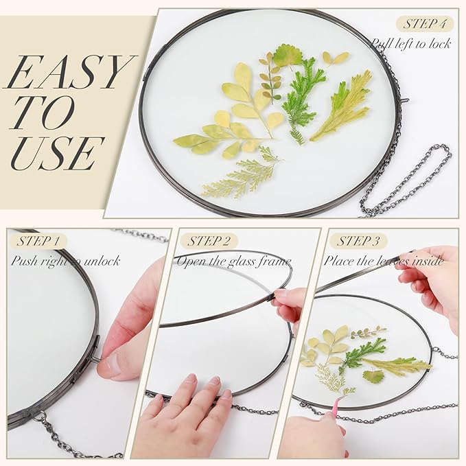 Qunclay 4 Pcs Double Glass Frame for Pressed Flowers Round Hanging Herbarium Floating Flower Press Frame Clear DIY Vintage Artwork Display holder(8 Inch,Black)
