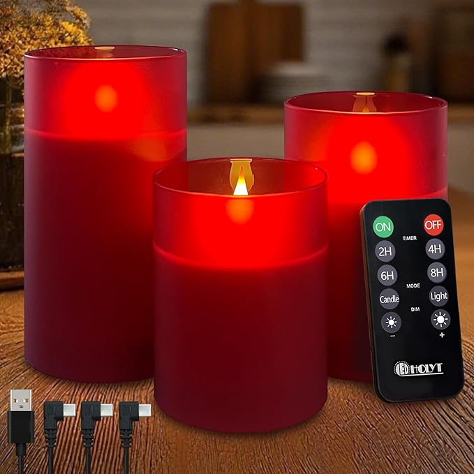 LEDHOLYT Rechargeable Flameless Candle, Flickering LED Pillar Glass Fake Candle with Remote and Timer, Built-in Battery Real Wax Electronic Candle for Room Decoration, Set of 3