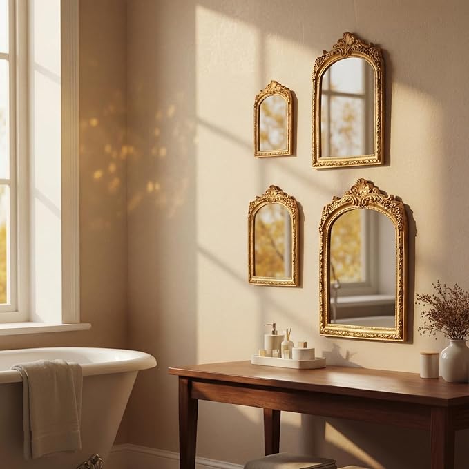 Thyle 4 Pcs Vintage Mirror Set Gold Antique Makeup Mirror Arch Retro Resin Baroque Decorative Wall Square Hanging Desk Tabletop Room Bedroom Bathroom Gallery (13x9 10x7 8x5 7x4)(Light Color)