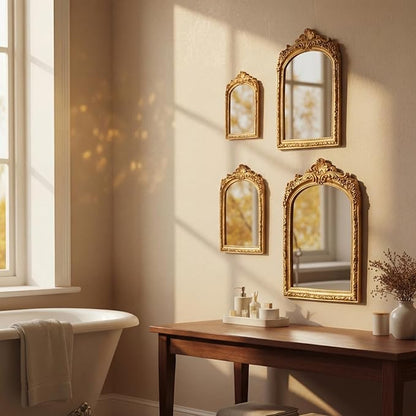 Thyle 4 Pcs Vintage Mirror Set Gold Antique Makeup Mirror Arch Retro Resin Baroque Decorative Wall Square Hanging Desk Tabletop Room Bedroom Bathroom Gallery (13x9 10x7 8x5 7x4)(Light Color)