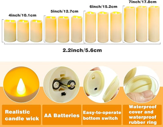 YIWER Waterproof Outdoor Flameless Candle, 12 Pcs Plastic Candles Pillars, 4" 5" 6" 7" LED Candles and 10-Key Remote Control with 2/4/6/8-hours Timer Function,300+ Hours (12, Ivory)