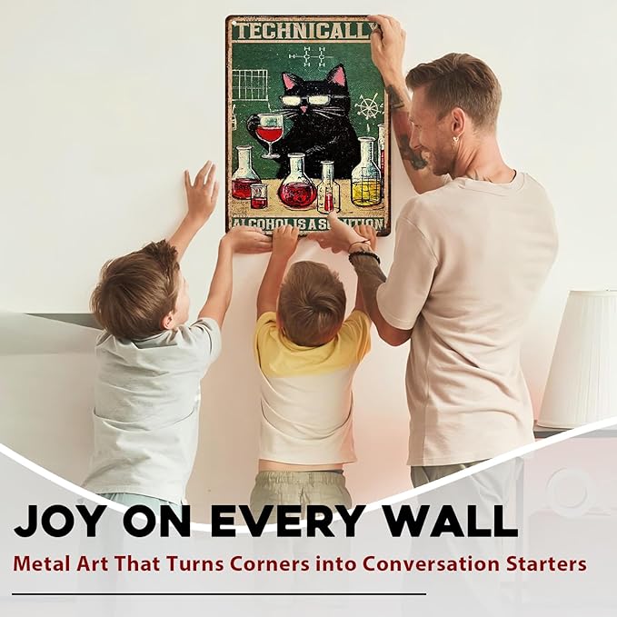 Funny Bar Signs "Technically Alcohol is a Solution" Black Cat Metal Decor for Pub Tavern & Man Cave 12x16Inch