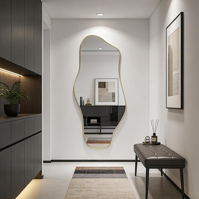 Irregular Mirror Full Length, 67"x31" Large Asymmetrical Tempered Glass Mirror, Gold Organic Frameless Wall Mirrors for Living Room Bedroom Hallway Entryway, Horizontal or Vertical Hanging