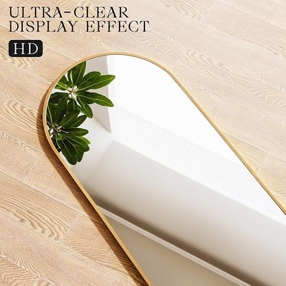 MISSDAY 64"x21" Arched Full Length Mirror, Full Body Mirror with Stand, Floor Mirror Long Free Standing, Leaning or Hanging, Aluminum Thin Frame Wall-Mounted Mirrors Wall Mirrors for Bedroom, Gold