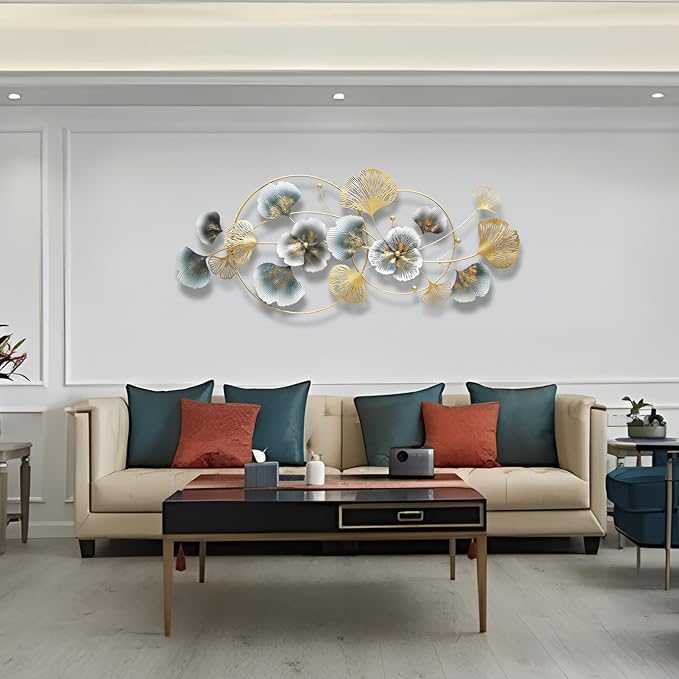 QXSXKJ 3D Metal Wall Art Decor Gold, 59" Large 3d Wall Decor, Modern Ginkgo Leaf Wall Decoration, Adornos Pare Sala Modernos, Hanging Sculptures For Living Room Dining Room Bedroom