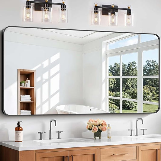 Bathroom Mirror, 60 x 30 inch Black Rectangle Wall Mirror, Metal Frame Rounded Corner Vanity Mirror, Large Wall Mounted Mirrors for Over Sink Bedroom Living Room Horizontal Or Vertical Mounting