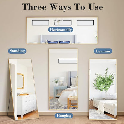 DUMOS 19"x58" Full Length Mirror with Stand, Floor Standing Aluminum Frame, Shatter-Proof Nano Glass for Bedroom, Living Room, Cloakroom – Modern Simple Home Decor,Can Be Hanging or Leaning, Gold