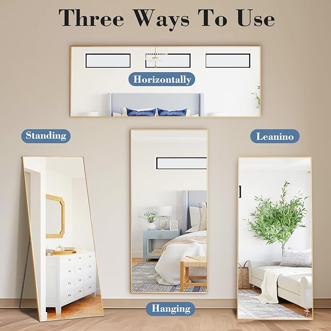 NEWBULIG Mirror Full Length, 58"x19" Body Wall Mirrors with Shatter-Proof Glass, Upgraded Floor Standing Mirror, Hanging or Leaning, with Stand Aluminum Alloy Frame for Home Decor, Bedroom, Gold