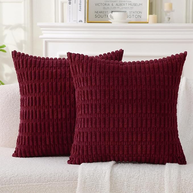 2 Pack Corduroy Decorative Throw Pillow with Inserts, 18x18 Inch Soft Boho Throw Pillow, Square Striped Throw Pillows for Couch, Bed, Sofa Decor (Burgundy)