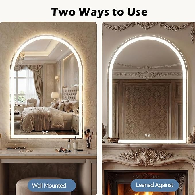 DUMOS 24"×36" LED Bathroom Mirror with Lights, Arched Vanity Mirror with Anti-Fog, Dimmable, 3-Color Light, Memory Function, Front Light and Backlit, Tempered Glass