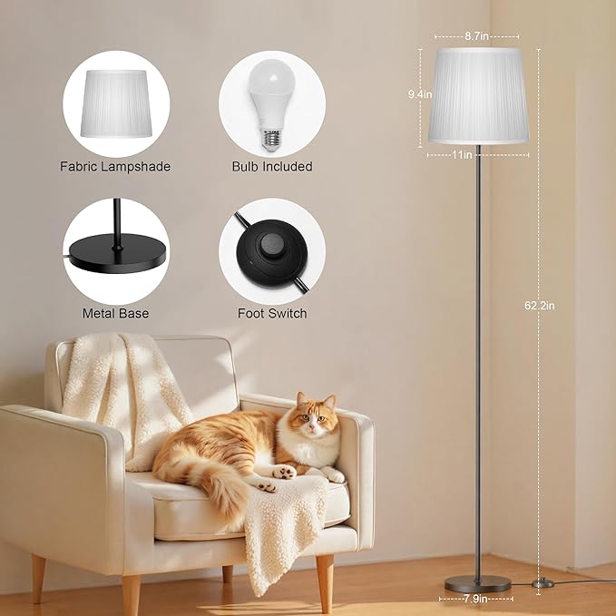 SIBRILLE Floor Lamp with Pleated Shade, 62" LED Dimmable Standing Lamp with Foot Switch, Color Options, 9W E26 Bulb Included, Modern Reading Light for Living Room Bedroom Office Corner, Black