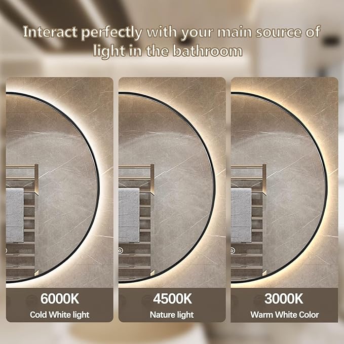 Niccy 44" LED Backlit Round Mirror for Bathroom, Black Framed Vanity Light Wall Mirror LED Smart Circle Mirrors with 3 Lighting Colors, Dimmable Lighted Mirror with Anti-Fog, IP65 Waterproof