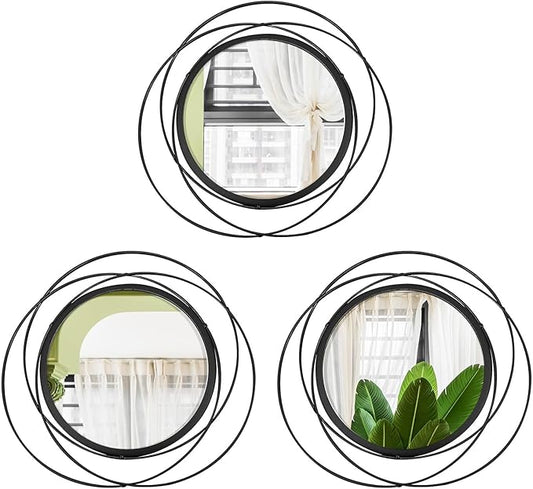 3 Set. Round Mirrors for Wall Decor Living Room Bedroom Bathroom Dining Room Metal Circle Mirror Set Boho Decorative Sunburst Wall Art Accent Entryway - Black 9.5 in.