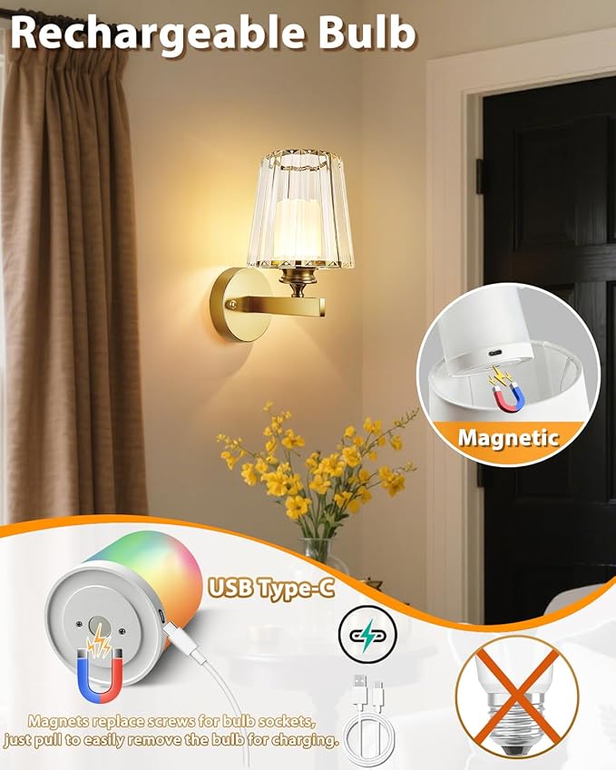 Adetu Crystal Wall Sconces Set of Two, Battery Operated Wall Sconce with 10000mAh Dimmable Magnetic Bulbs and Remote, RGB Rechargeable Wall Lights for Bedroom Living Room Hallway Decor