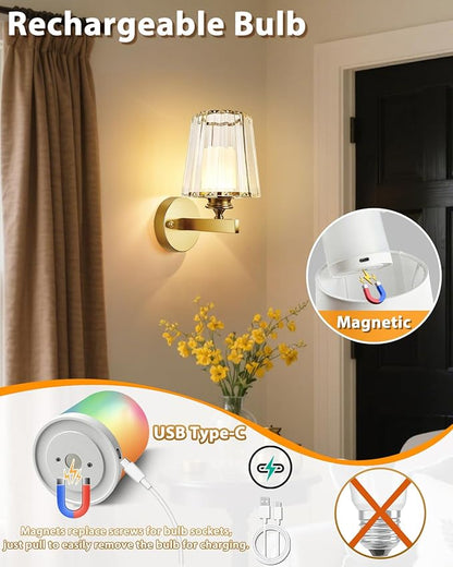 Adetu Crystal Wall Sconces Set of Two, Battery Operated Wall Sconce with 10000mAh Dimmable Magnetic Bulbs and Remote, RGB Rechargeable Wall Lights for Bedroom Living Room Hallway Decor