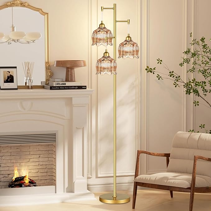 AHDWDW Gold Floor Lamp for Living Room Bedroom,Modern Floor Lamps with Unique Glass Shades,68IN Mid Century Tall Standing Lamp,Vintage Tree Floor Lamp for Corner Office Reading,3 Light Bulb Included