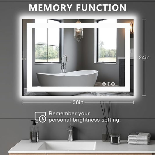 DUMOS 24.1"x36.1" LED Bathroom Mirror, Smart Anti-Fog Bathroom Vanity Mirror with Front Light & Backlit, 3 Color Temperatures, Dimmable, Memory Function