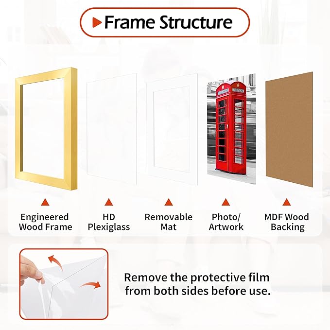 Picture Frames, 11x14 Picture Frames with Mat, 2 Pack Wall Hanging Photo Frame for Office Home Wall Decor, Gold Frames with Clear Plexiglass for Posters, Photos & Art Prints