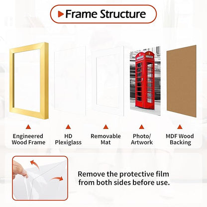 Picture Frames, 11x14 Picture Frames with Mat, 2 Pack Wall Hanging Photo Frame for Office Home Wall Decor, Gold Frames with Clear Plexiglass for Posters, Photos & Art Prints
