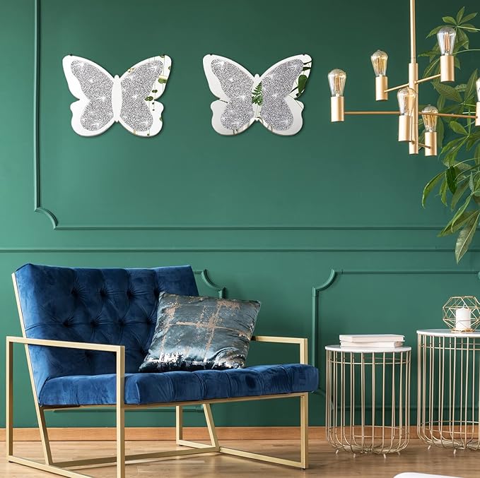 Vesici 2 Pieces Butterfly Shaped Mirror Crystal Crushed Diamond Silver Mirror Silver Wall Decor for Living Room Modern Decorative Artwork for Nursery Wedding Decor(11.8 x 8.8 Inch)