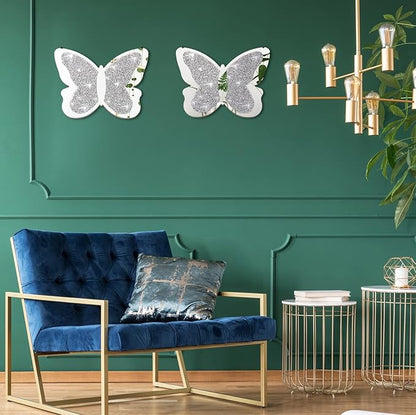 Vesici 2 Pieces Butterfly Shaped Mirror Crystal Crushed Diamond Silver Mirror Silver Wall Decor for Living Room Modern Decorative Artwork for Nursery Wedding Decor(11.8 x 8.8 Inch)