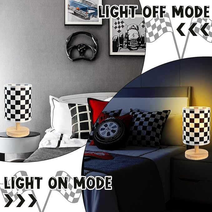 Black White Checkered Table Lamp for Bedroom Kids Bedside Lamp with Linen Wooden Nightstand Cartoon Nursery Lampshade for Checkered Decor
