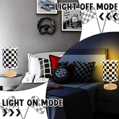 Black White Checkered Table Lamp for Bedroom Kids Bedside Lamp with Linen Wooden Nightstand Cartoon Nursery Lampshade for Checkered Decor