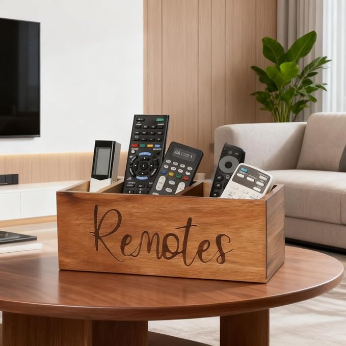 LBEMEY Remote Control Holder Caddy, Acacia Wood TV Remote Holder, Remote Organizer for Table, Vintage Farmhouse Desk Caddy (Brown-for 5+ Remote Controls)