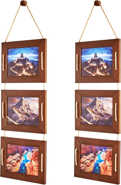 DLQuarts 5x7 Hanging Picture Frames Collage Wall Decor, 3 Opening 5x7 Matted to 3.5x5 Photo Rustic Wood Frame, Dark Walnut, 2 Pack