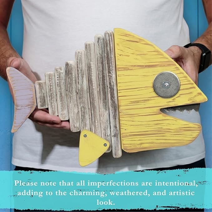 Driftwood Fish Nautical Wall Decor - Handmade Wooden Rustic Coastal Wall Art for Living Room, Bedroom, Office, Bathroom - Ocean Beach Decoration (Chomper)
