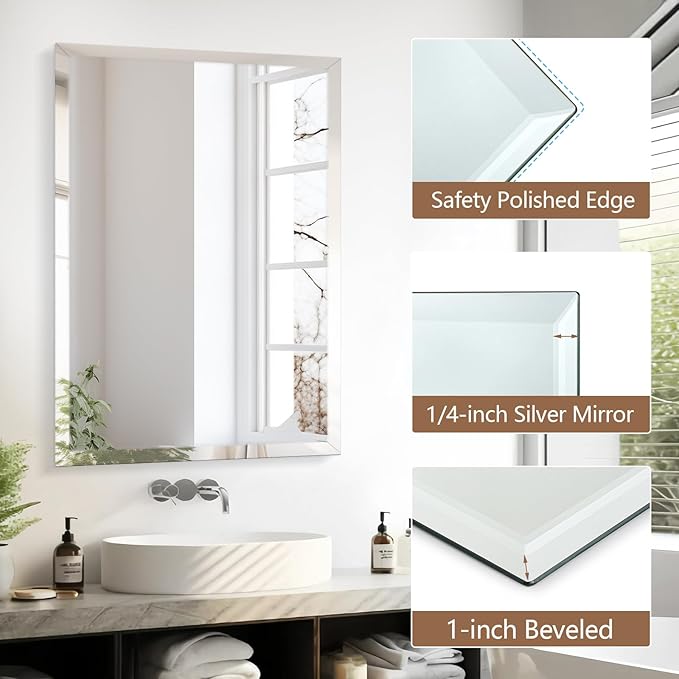 24x36 Inch Rectangle Frameless Mirror, Beveled Bathroom Mirror, Frameless Wall Mirror with 1" Beveled Edge for Bathroom Vanity, Entryway, Living Room