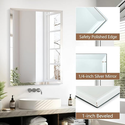 40x30 Inch Rectangle Frameless Mirror, Beveled Bathroom Mirror, Frameless Wall Mirror with 1" Beveled Edge for Bathroom Vanity, Entryway, Living Room