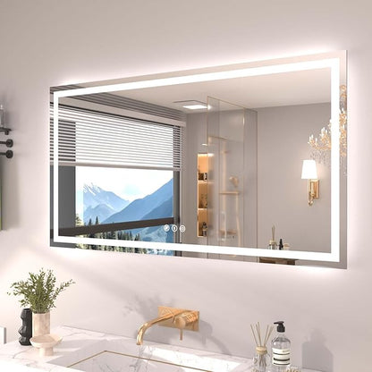Snowdool 55"X30" LED Bathroom Mirror with Front Lights and Backlit, Anti-Fog, Dimmable, Shatter-Proof Tempered Glass, Lighted Bathroom Vanity Mirror for Wall with 3 Colors, Memory Function