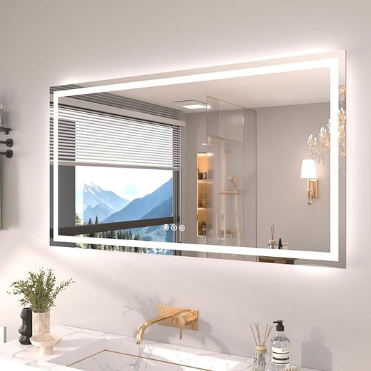 Snowdool 55"X30" LED Bathroom Mirror with Front Lights and Backlit, Anti-Fog, Dimmable, Shatter-Proof Tempered Glass, Lighted Bathroom Vanity Mirror for Wall with 3 Colors, Memory Function
