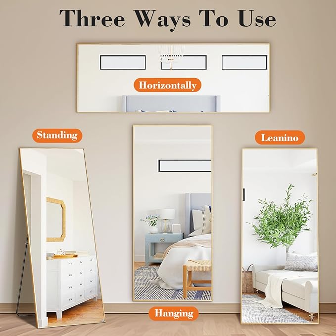 Sweetcrispy 65"x24" Full Length Mirror, Full Body Mirror with Aluminum Alloy Thin Frame, Leaning or Standing, Suitable for Bedroom, Livingroom, Cloakroom, Gold