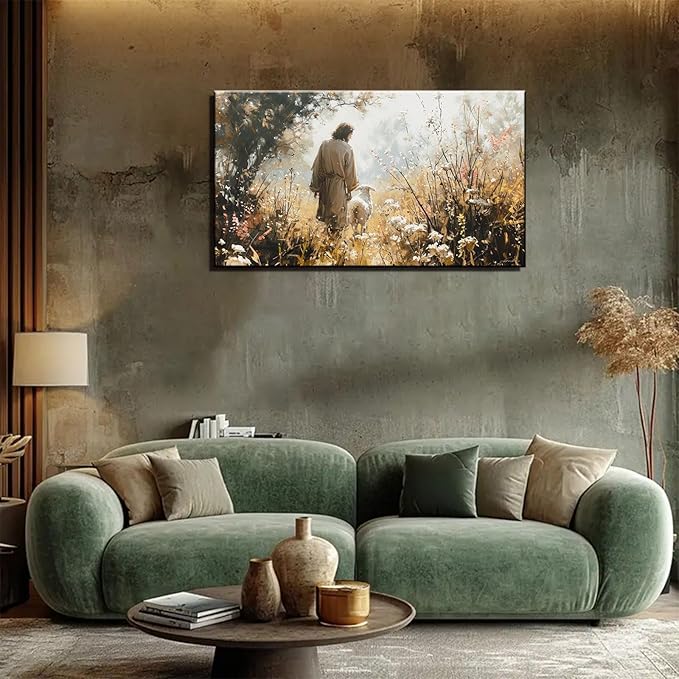1Pcs Vintage Framed Jesus Lamb Paintings Canvas Wall Art Shepherd Flock Paintings Christian Wall Decor Modern Pictures Religious Art Print for Living Room Bedroom Decoration16x24in