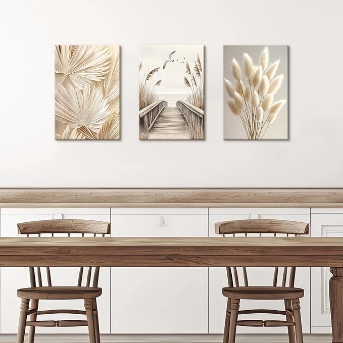 3 Pcs Beige Reeds Botanical Framed Canvas Wall Art Neutral Palm Fronds Wall Paintings Quiet Beach Landscapes Art Prints Picture Home Decor for Bedroom Living Room Office Reay to Hang 16"x24"x3Pcs