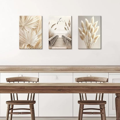 3 Pcs Beige Reeds Botanical Framed Canvas Wall Art Neutral Palm Fronds Wall Paintings Quiet Beach Landscapes Art Prints Picture Home Decor for Bedroom Living Room Office Reay to Hang 16"x24"x3Pcs
