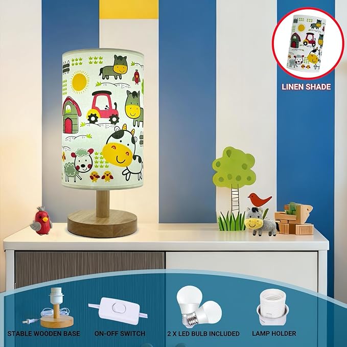 Kids Night Light with 3 Color Temperatures - Animals Desk Lamp for Nursery & Toddler Rooms, Boho Wood Base Bedroom Lamp, Safe Gift for Boys, Girls, Baby & Kids Playroom