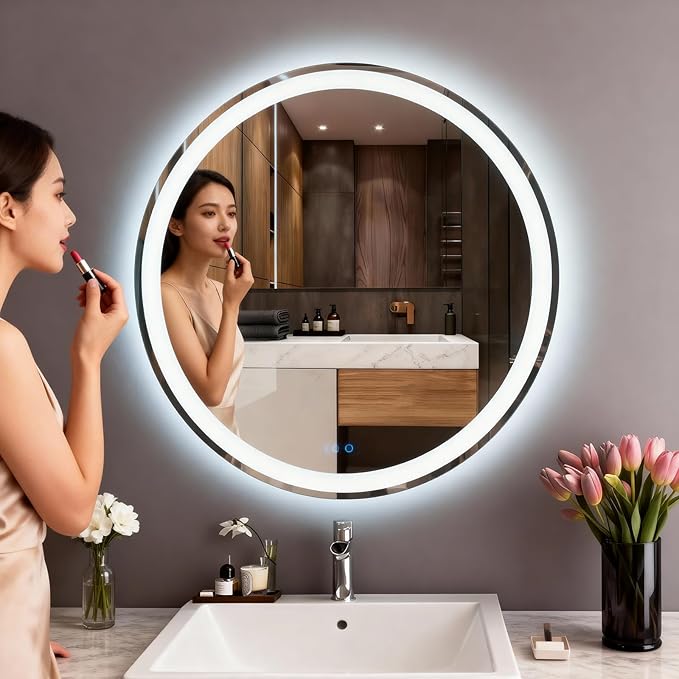 LTFUUAI 20" Round LED Bathroom Mirror with Lights, Smart Touch 3-Color Dimming Lighted Vanity Mirror wall Mounted, Anti-Fog Shatterproof with Front & Back Light, for Bathroom Vanity