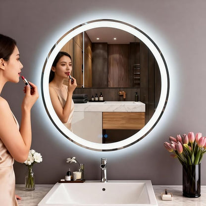 LTFUUAI 20" Round LED Bathroom Mirror with Lights, Smart Touch 3-Color Dimming Lighted Vanity Mirror wall Mounted, Anti-Fog Shatterproof with Front & Back Light, for Bathroom Vanity