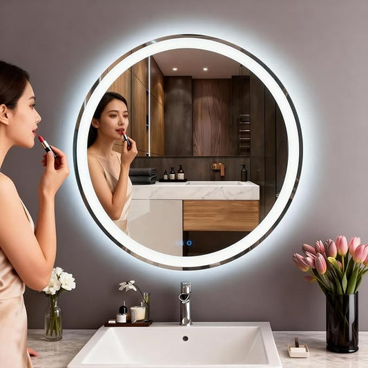 LTFUUAI 20" Round LED Bathroom Mirror with Lights, Smart Touch 3-Color Dimming Lighted Vanity Mirror wall Mounted, Anti-Fog Shatterproof with Front & Back Light, for Bathroom Vanity