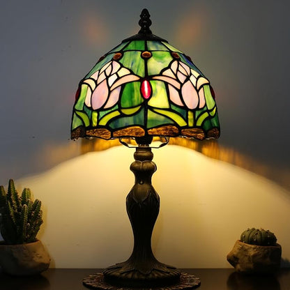 Tiffany Style Lamp Stained Glass Table Lamp 8" x 14.5" Mini Accent Light Pink Tulip Design Small Decorative Bedside Bedroom Living Room Memory Lamp