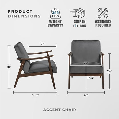 Lexicon Mid Century Modern Chair Velvet Accent Chair for Living Room Chair w/Solid Wood Armrests and Legs, Cushioned Seat and Backrest, Reading Chair and Lounge Chair for Bedrooms/Studios, Dark Grey