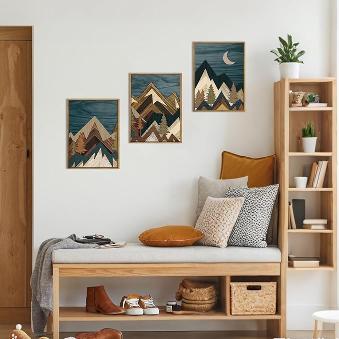 BINCUE Boho Mountain Wall Art Framed Landscape Wall Decor Modern Nature Artwork Mountains Wall Pictures Moon Art Landscape Wall Paintings Rustic Prints for Farmhouse Bedroom Living Room Office 12x16 Inch Set of 3