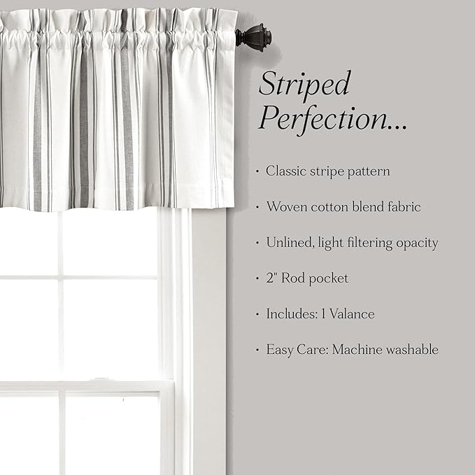 Lush Decor Farmhouse Stripe Yarn Dyed Recycled Cotton Window Curtain Valance, 18" L x 52" W, Gray - Classic Modern Rustic Charm - Eco Friendly Cotton Fabric