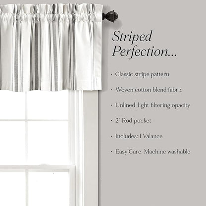 Lush Decor Farmhouse Stripe Yarn Dyed Recycled Cotton Window Curtain Valance, 18" L x 52" W, Gray - Classic Modern Rustic Charm - Eco Friendly Cotton Fabric