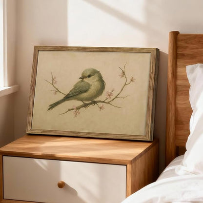 Vintage Bird Wall Art, Cherry Blossom Spring Pictures Canvas Wall Decor, Rustic Farmhouse Bird Animal Artwork Print Poster for Living Room Bedroom Bathroom 12x16 Inch Framed