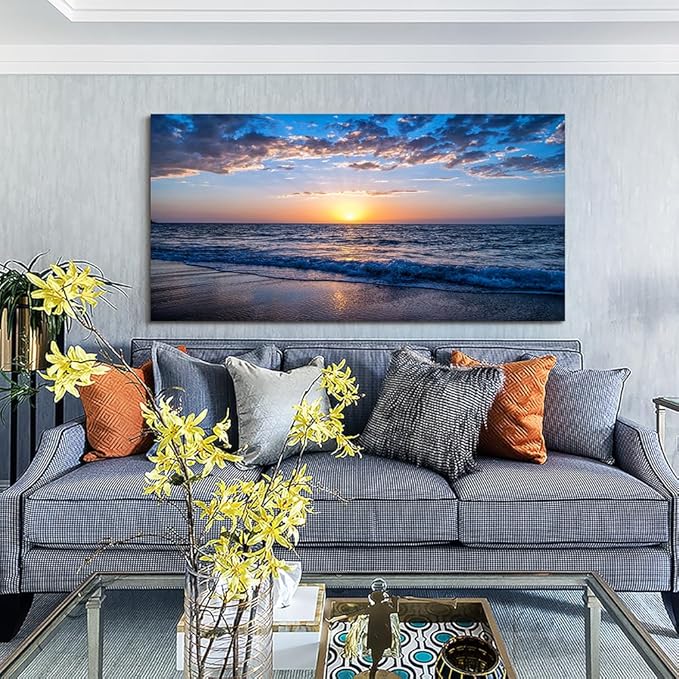 Wapluam Large Canvas Wall Art Sunset Beach Painting Picture Print on Canvas Framed Wall Art for Living Room Wall Decor for Bedroom Modern Coastal Landscape Room Decorations Artwork 60x30 Ready to Hang